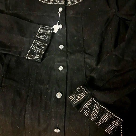 SALE! NWT- SASSY Quacker Factory Black Denim Jacket, Rhinestone Embellishment XL - Picture 5 of 10